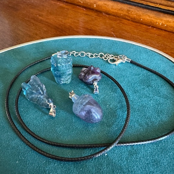 Set of 4 pendants with cord. Groot, Dragon head, acorn, and Paw.  Fluorite - Picture 1 of 6